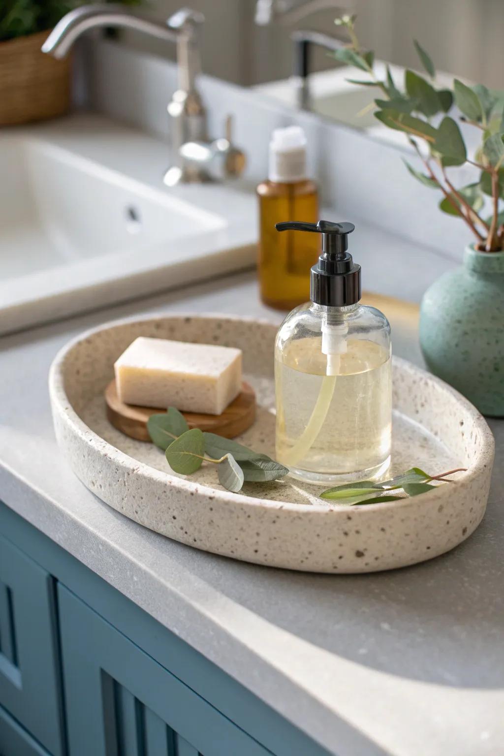 A simple tray keeps a blue vanity looking styled—never like a dumping zone.