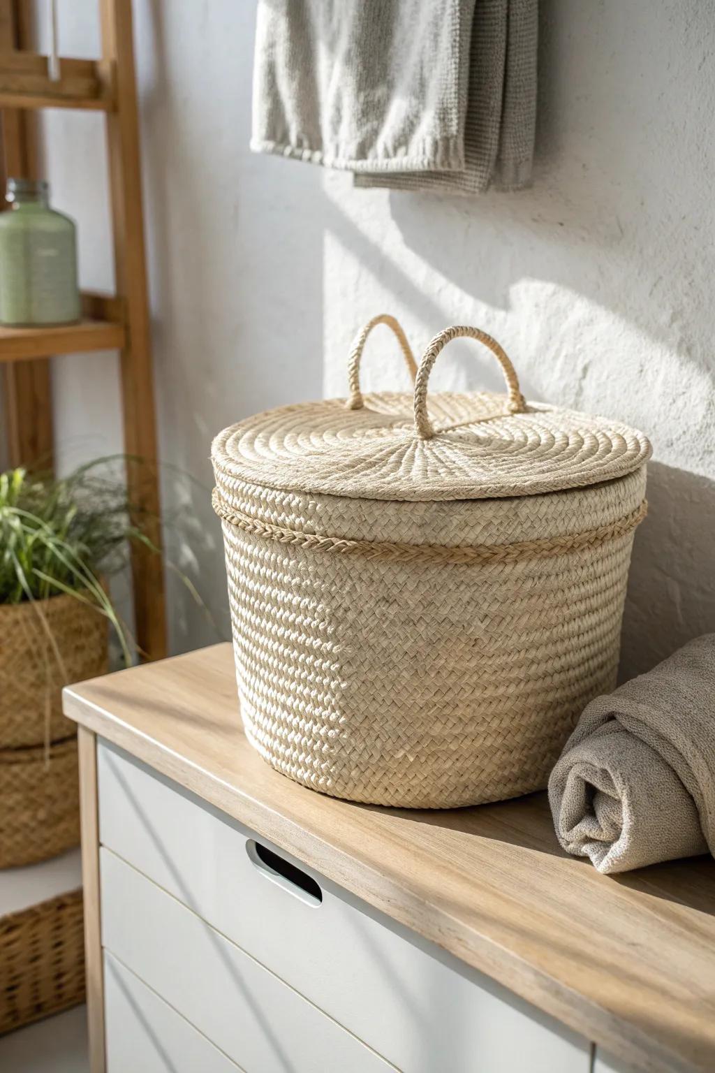 Matching baskets hide everyday clutter—instantly making a tiny bathroom feel calm and bigger.