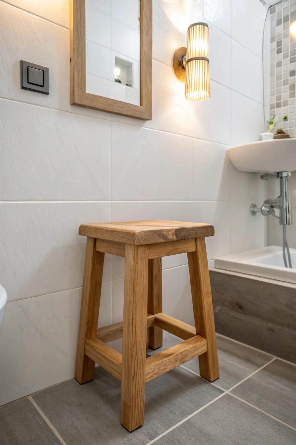 A simple oak stool brings cozy warmth to a windowless bathroom—bright, minimal, and inviting.