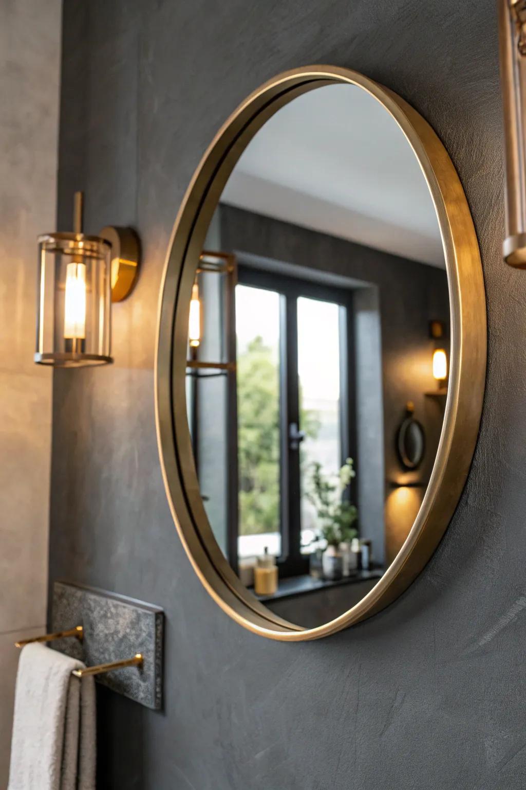 Charcoal walls + a brass mirror make a tiny bathroom feel like a luxe jewel box.
