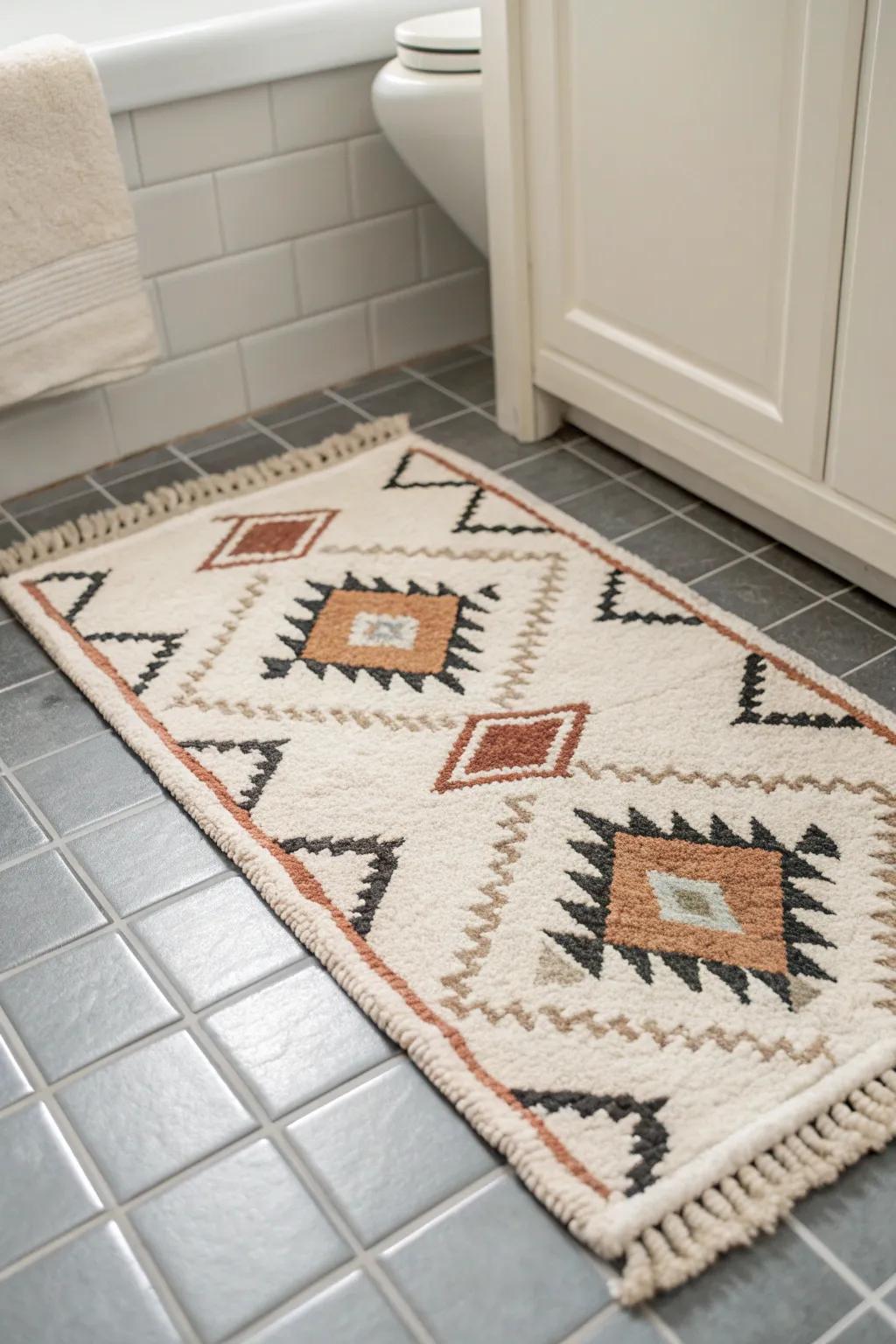 A geometric bathroom rug that upgrades plain tile instantly—minimal, cozy, and full of personality.