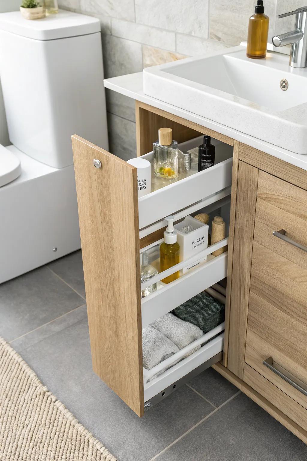 Slim pull-out cabinet turns a 4-inch gap into hidden storage—minimal, airy, and chic.