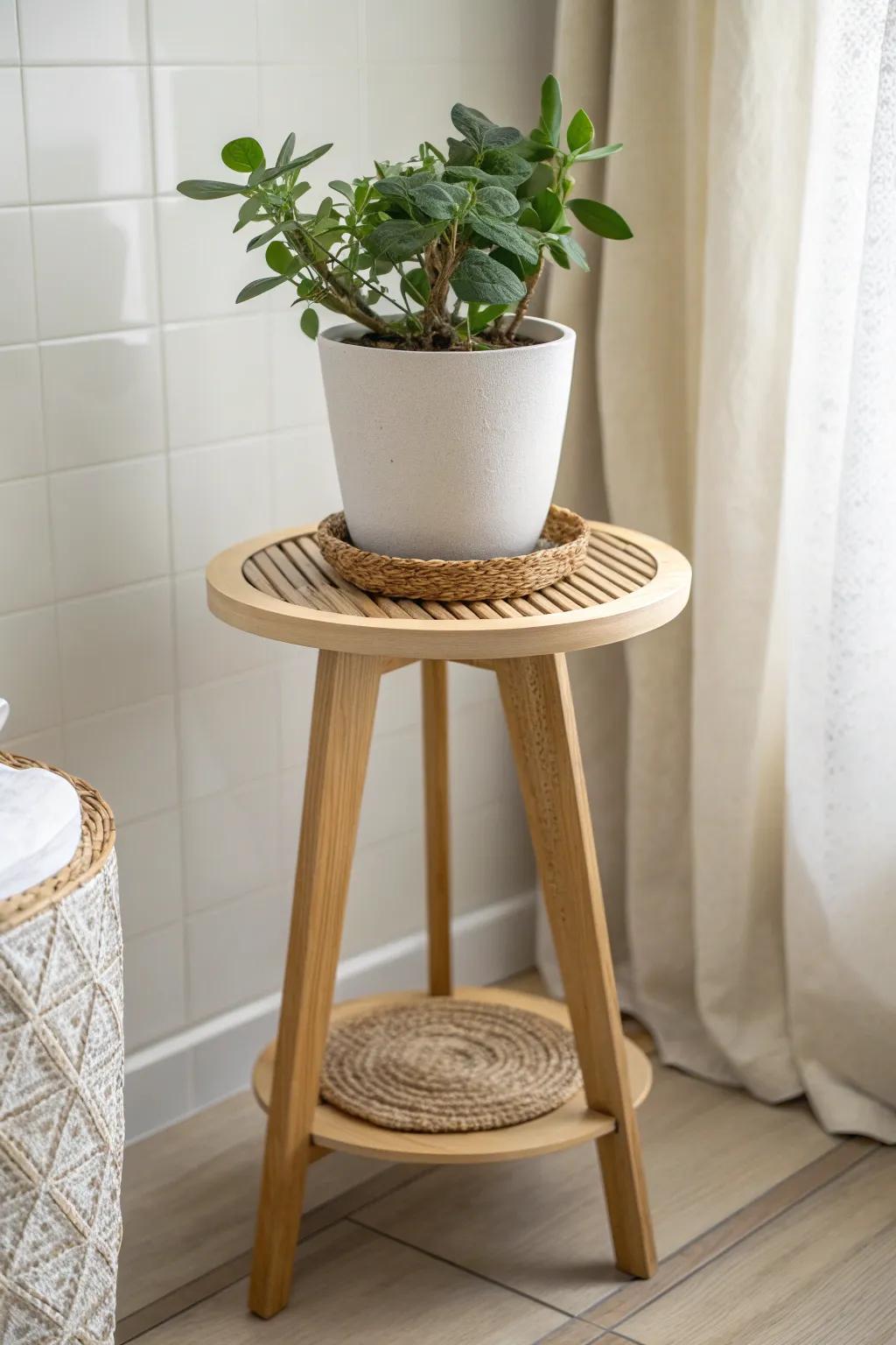 A slim plant-stand table adds height, storage, and a fresh spa vibe to tiny bathrooms.