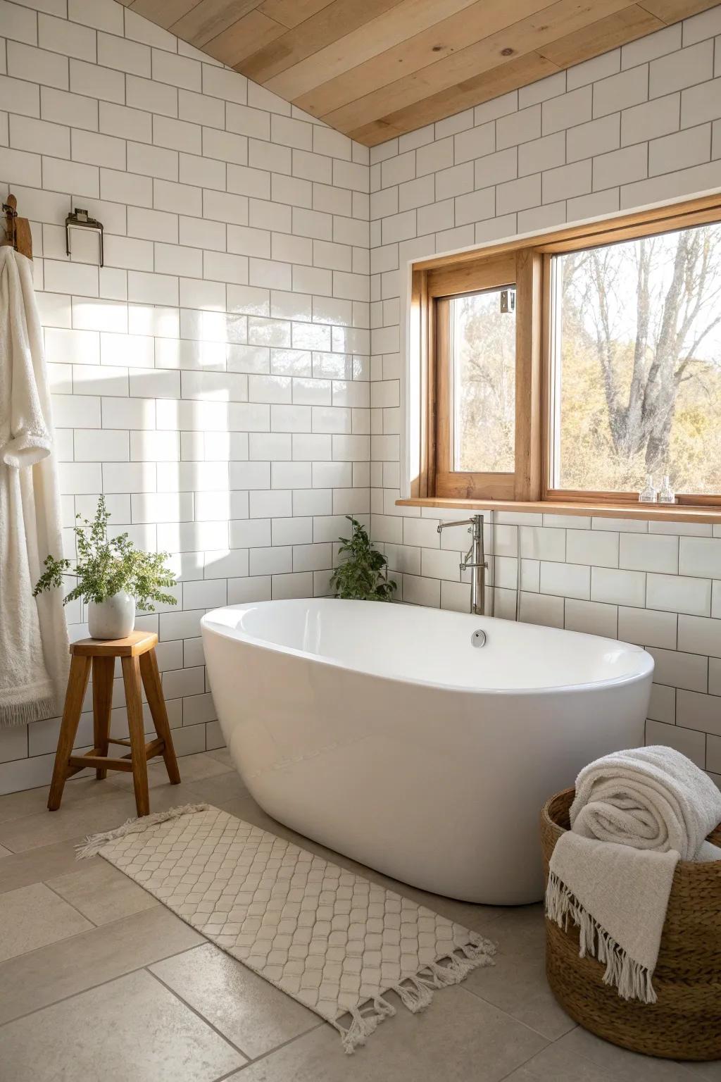 Glossy white tile around the tub reflects light for an instantly brighter small bathroom.