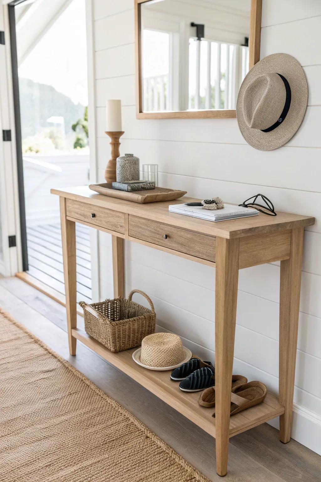 A slim console by the door keeps keys, sunscreen, and hats tidy in a small beach condo.