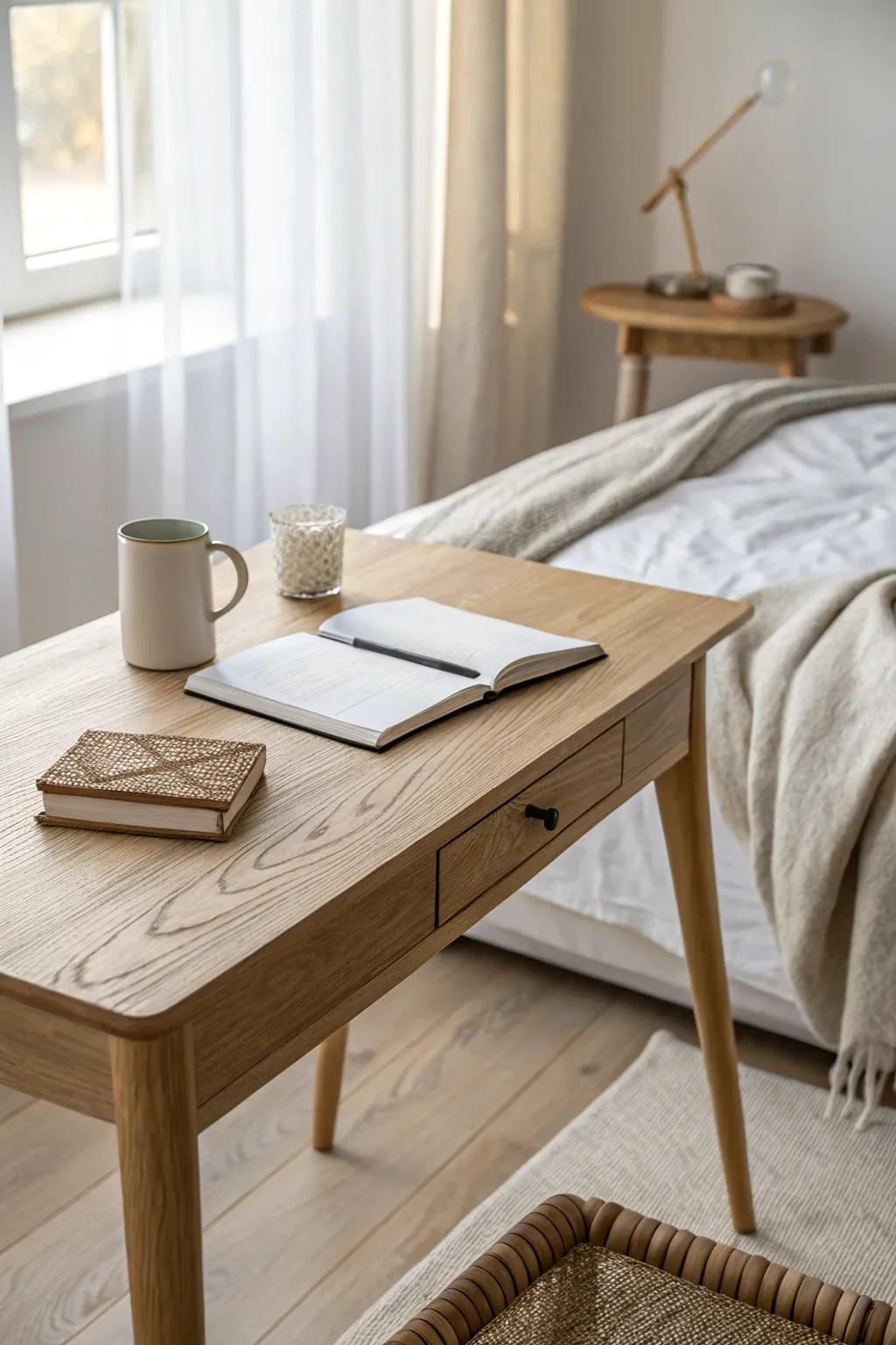 Desk opposite the bed creates two calm zones—sleep behind you, focus in front.