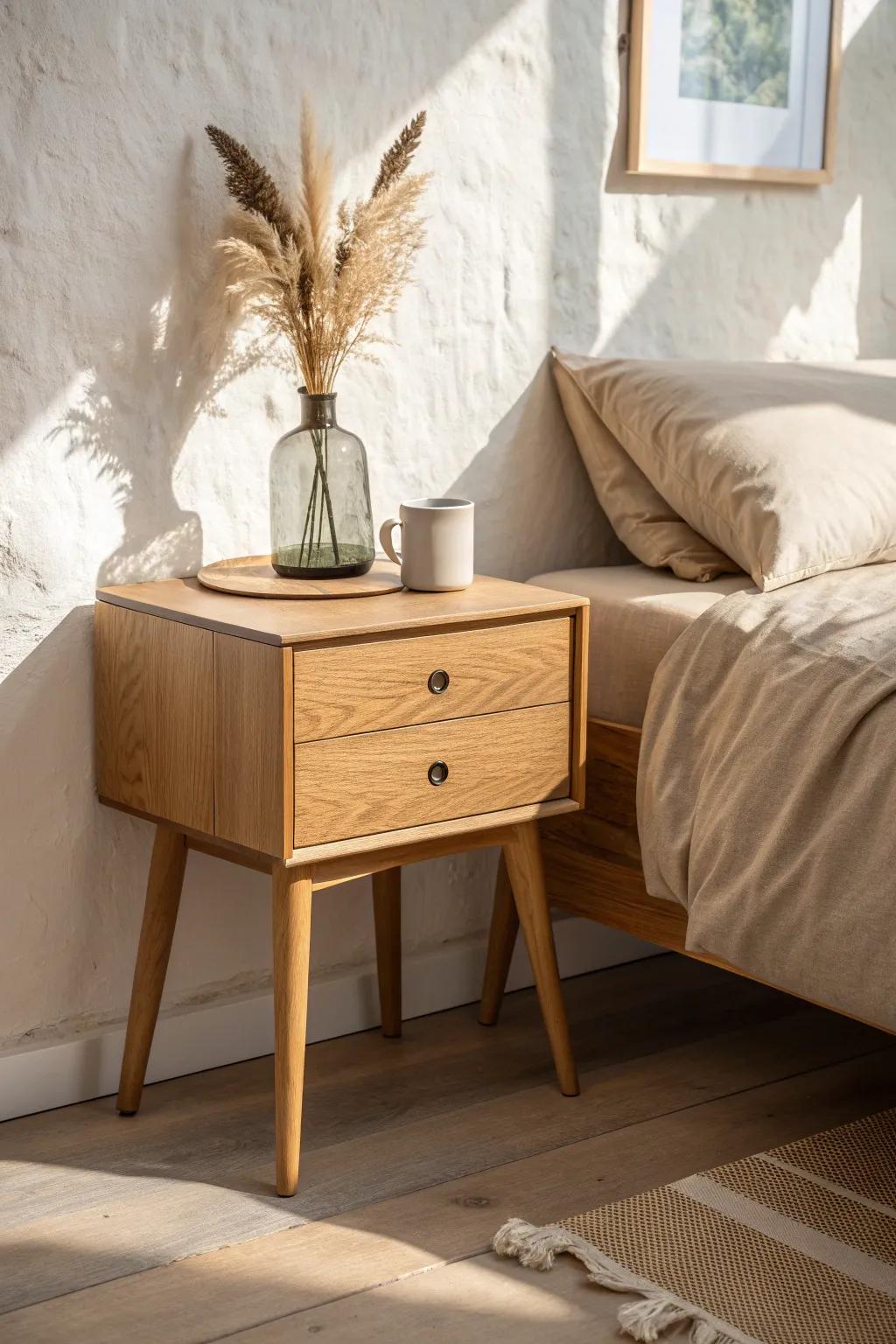 Slim, leggy furniture creates an airy “floating” feel—perfect for a small bedroom makeover.