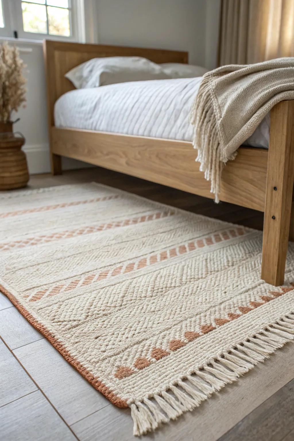 A right-size rug tucked 2/3 under the bed makes a small bedroom feel calm and cohesive.
