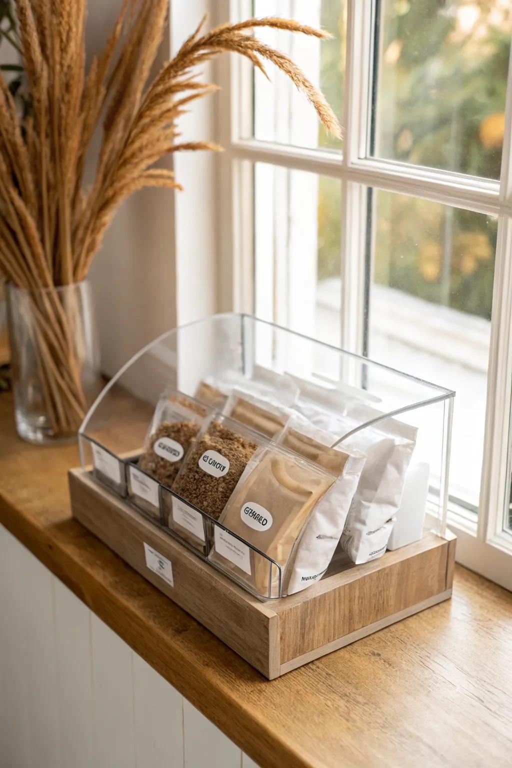 A clear, labeled snack bin turns a tiny break room shelf into a calm, contained mini snack bar.