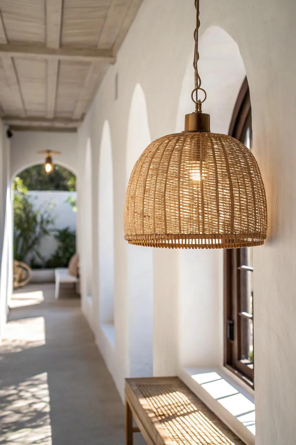 One statement pendant turns a tiny breezeway into a warm, intentional pass-through.