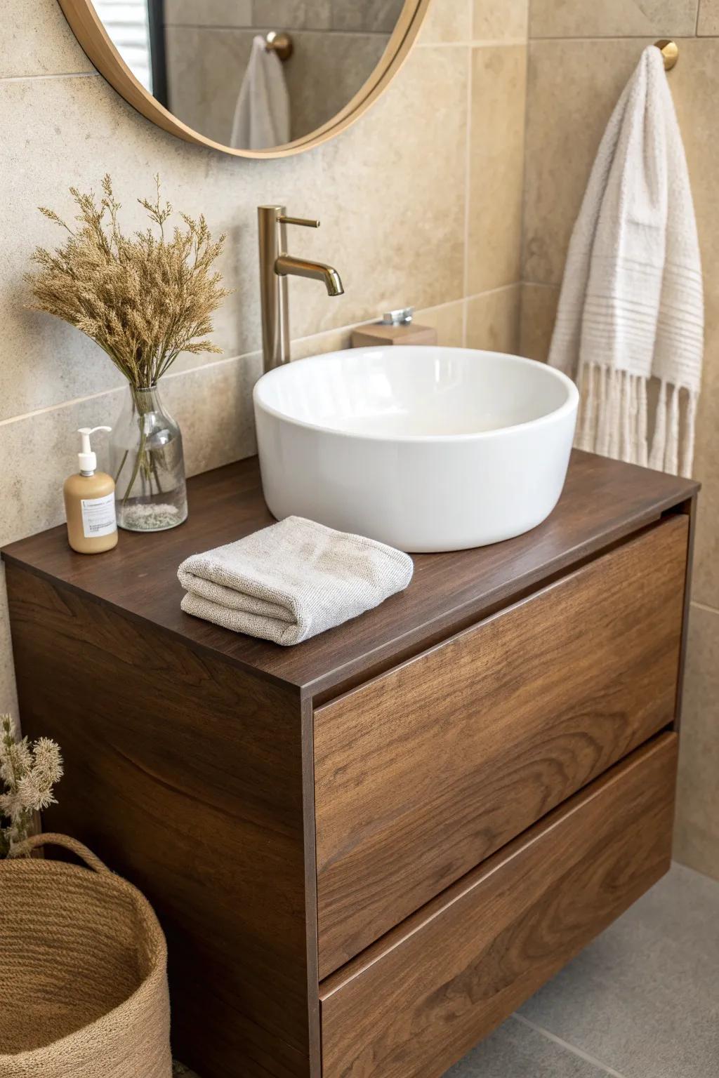 Mix light and dark browns: a walnut floating vanity against pale tile for a cozy small bath.