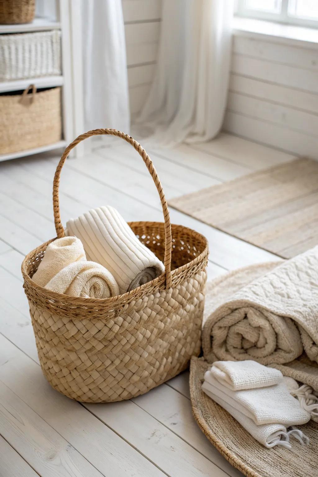 Woven basket storage that hides blankets and adds cozy texture—perfect for small cabins.