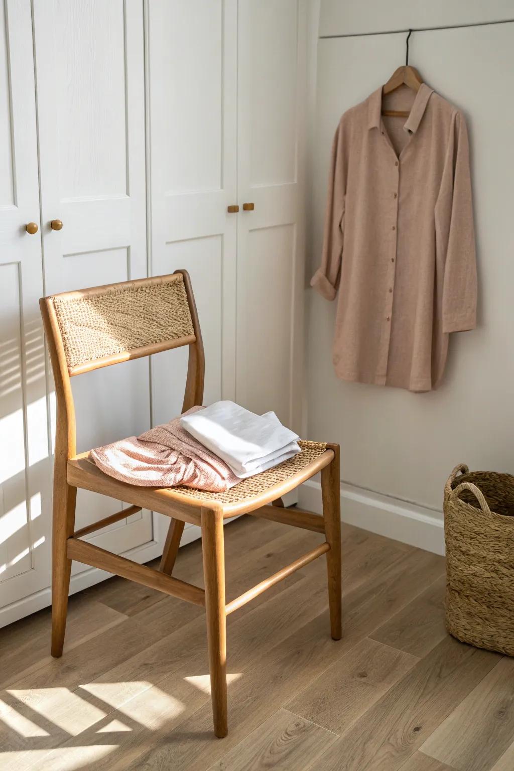 A tiny closet helper chair keeps outfit planning tidy—no more clothes explosions on the bed.