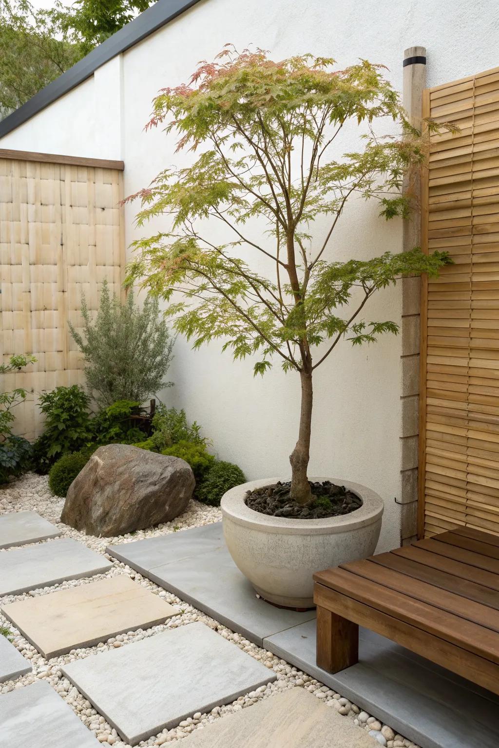 One graceful specimen tree gives your small Chinese garden calm focus and breathing room.