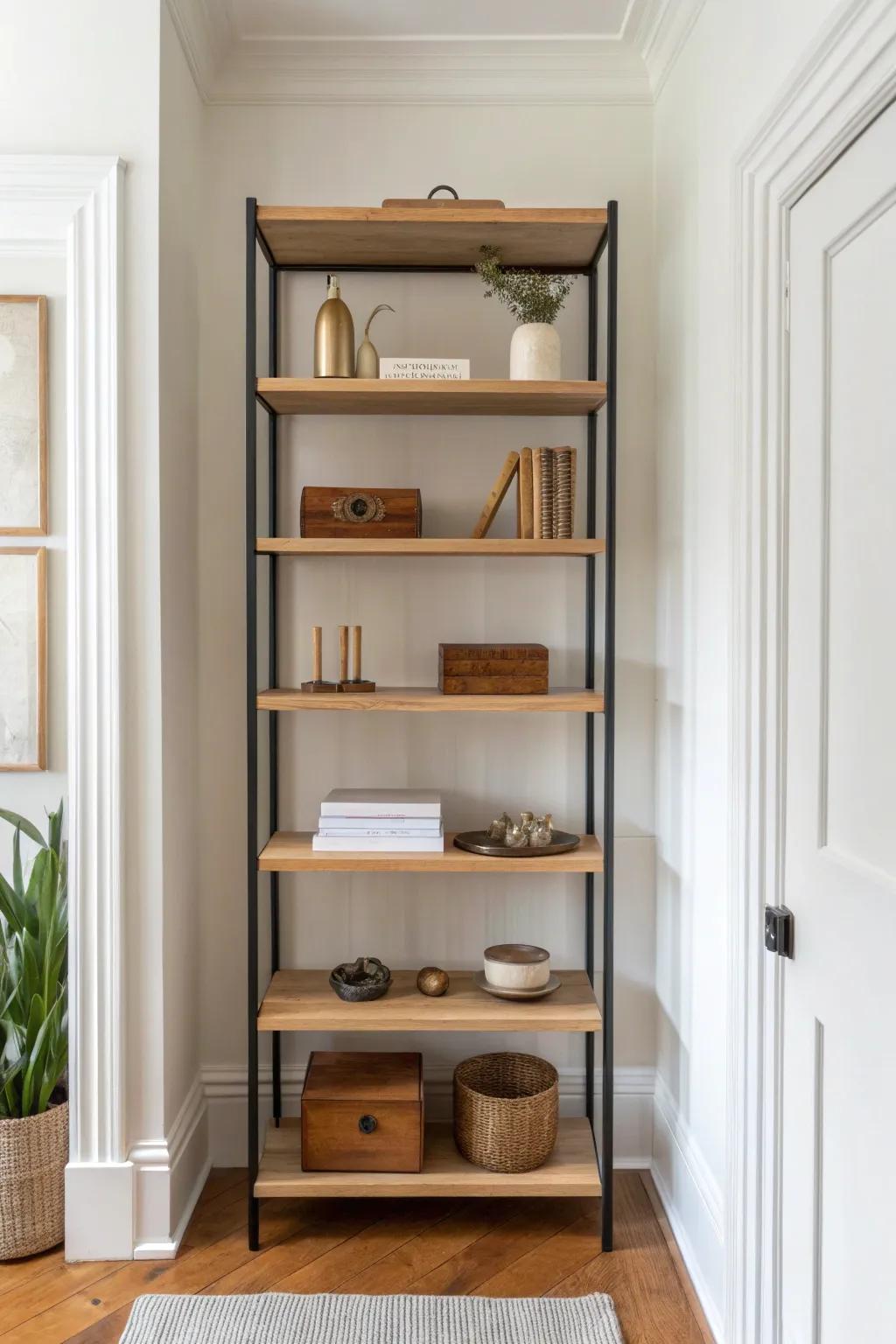 Go vertical: a floor-to-ceiling shelf that displays essentials and hides the rest in lidded boxes.