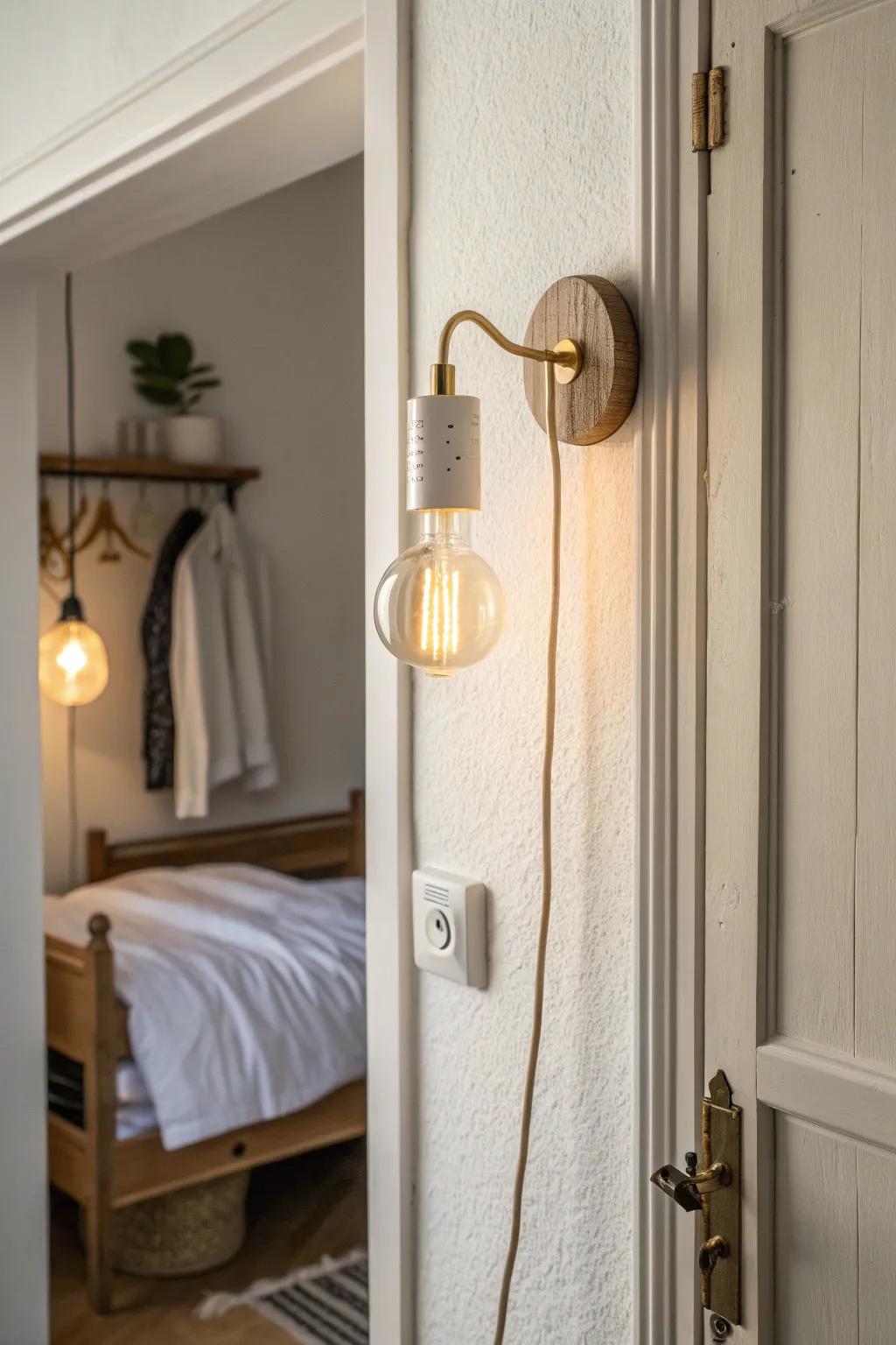 A plug-in sconce makes a dark closet nook instantly cozy—no hardwiring, just warm glow.