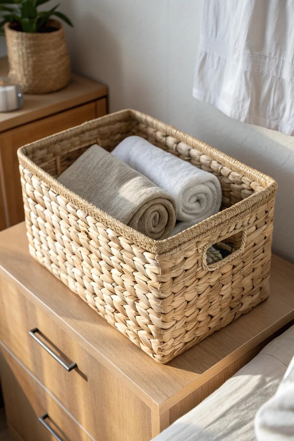 Micro-zone magic: a small woven bin keeps socks and tights tidy in the tiniest closet.