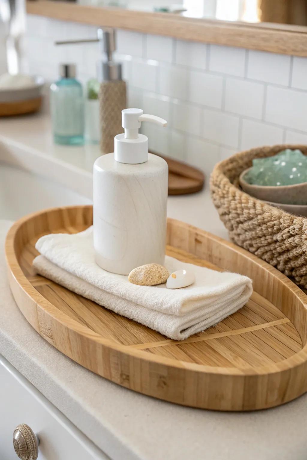 A simple wooden tray instantly makes a tiny coastal bathroom counter feel calm and spa-like.