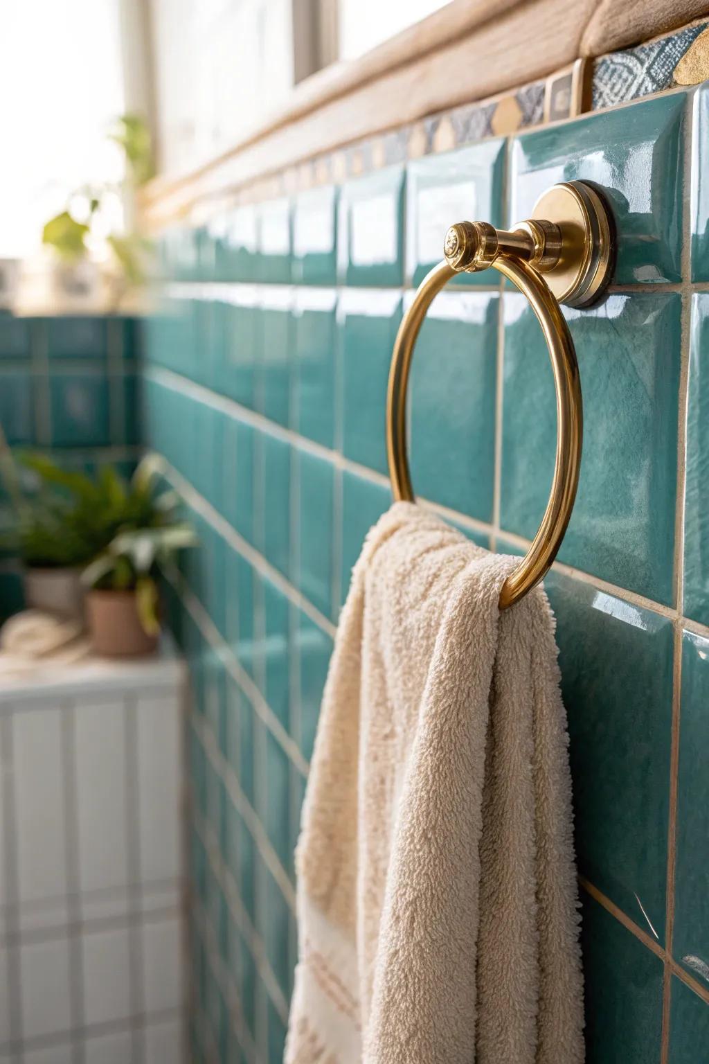 A brushed brass towel ring instantly elevates bright tiles—small swap, grown-up color.