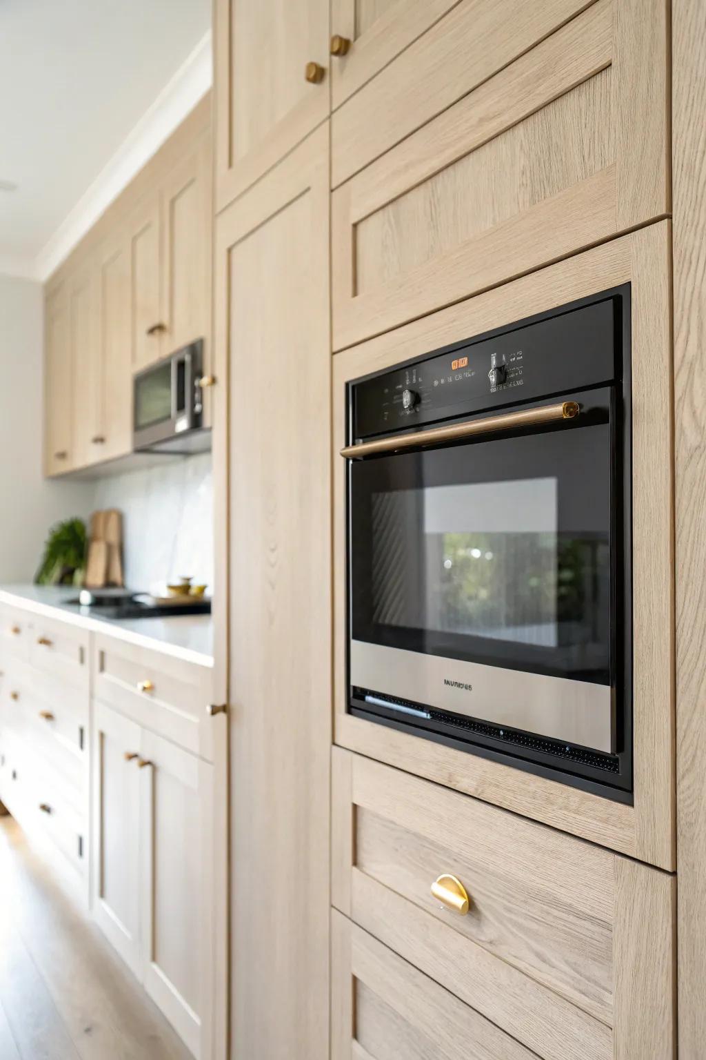 A flush built-in microwave clears the counter and makes a tiny condo kitchen feel luxe.