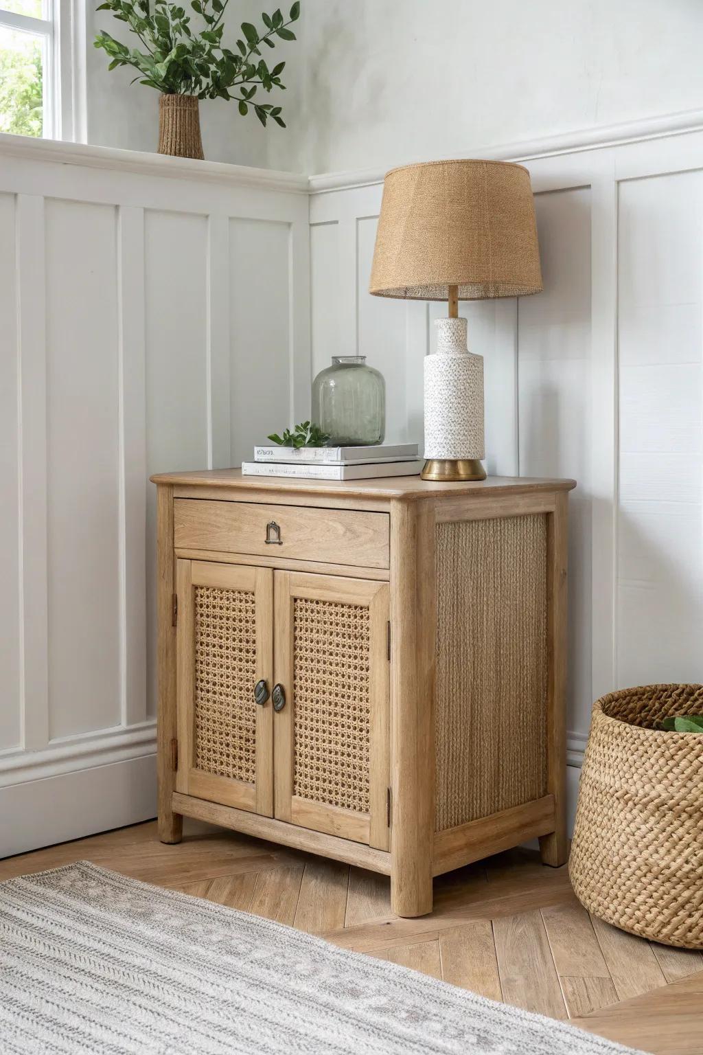 Hide corner clutter in a petite closed cabinet—top it with one lamp for instant calm.