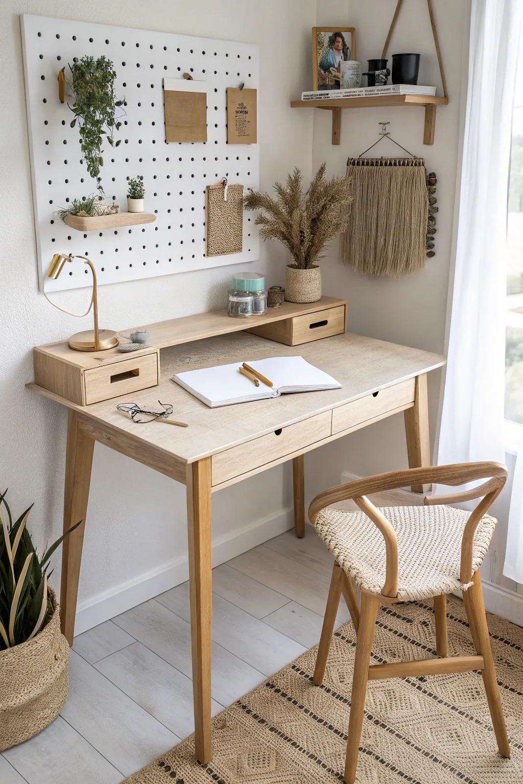 Tiny corner desk, big breathing room—pegboard storage keeps the surface calm and clear.