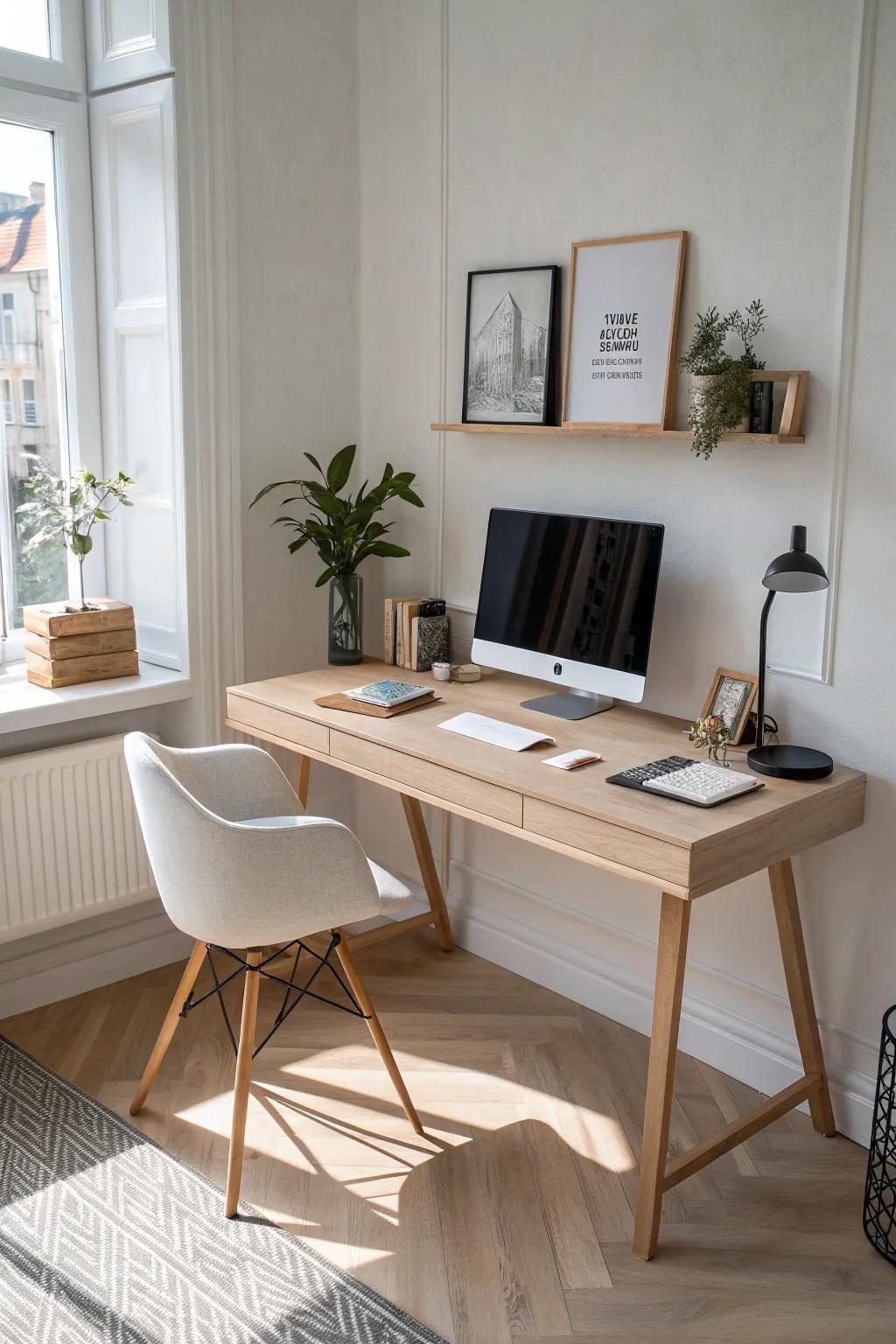 Light neutrals + a slim oak corner desk let the workspace disappear into the wall—so airy.
