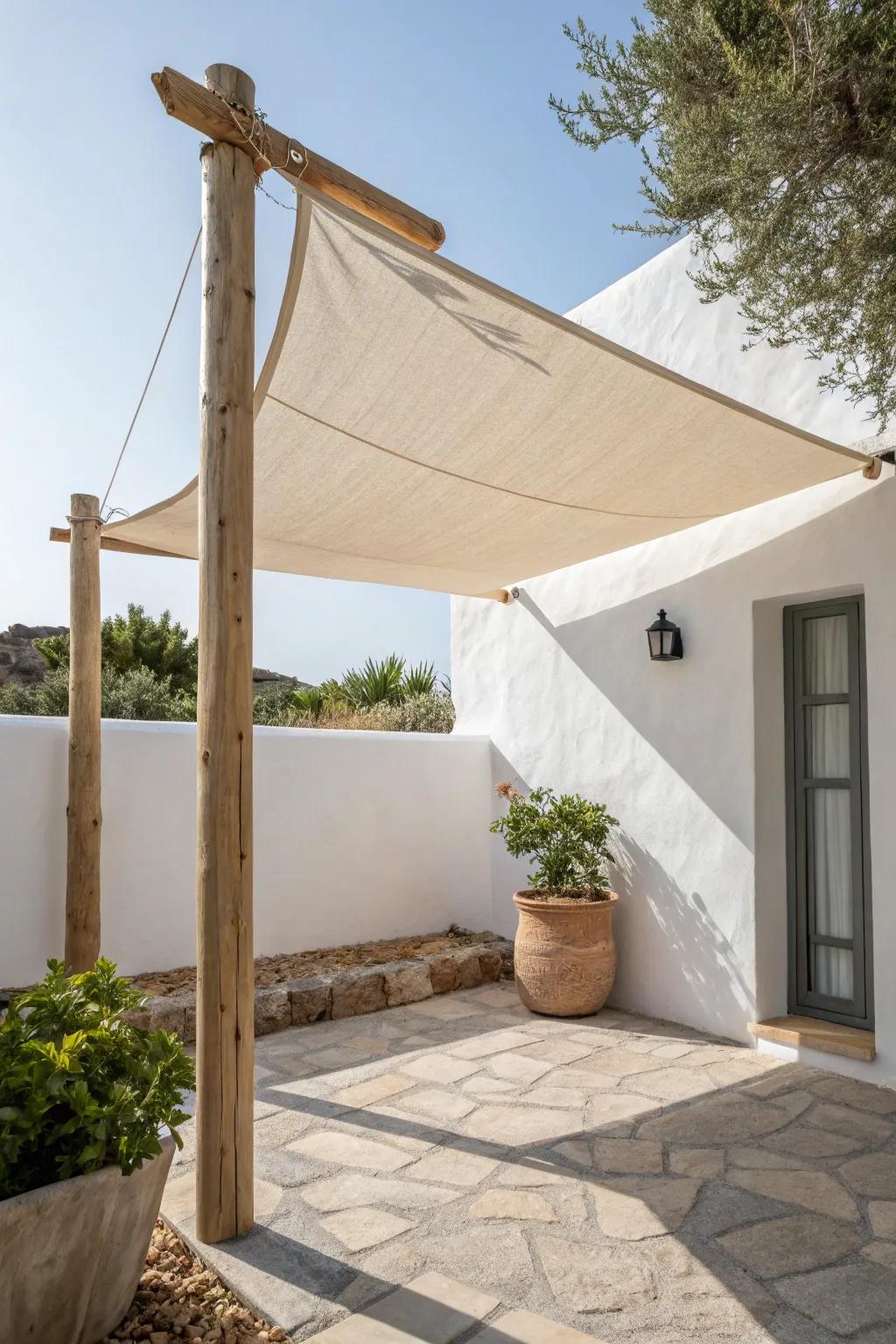 A simple linen canopy adds instant shade—making a sunny patio corner feel like a cozy little room.