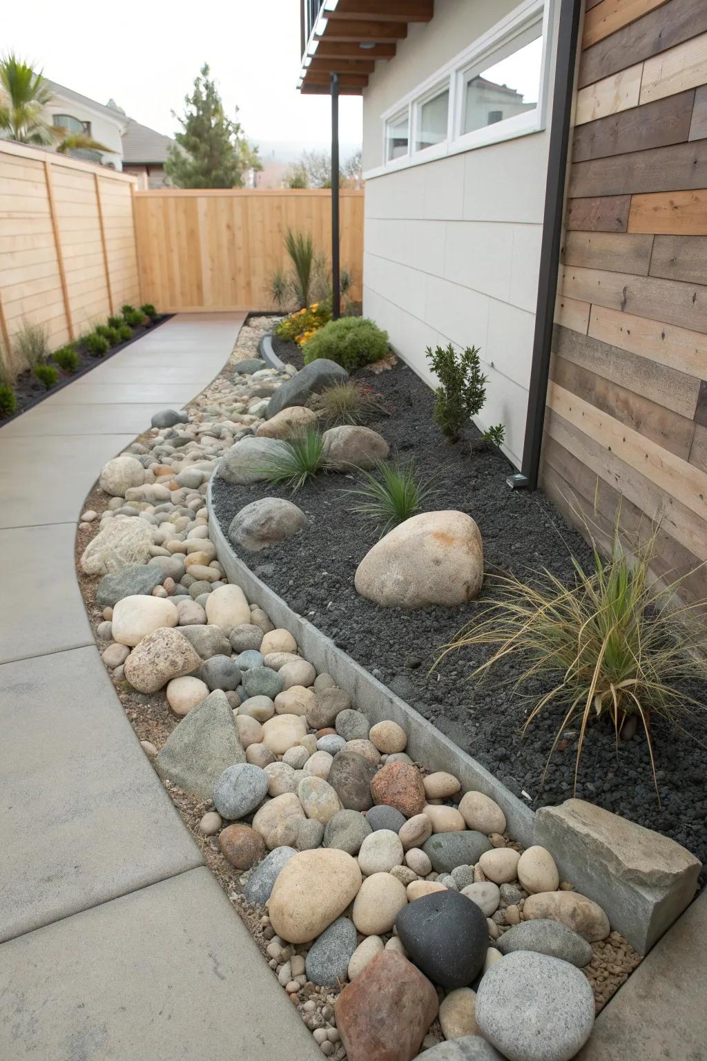 Corner dry‑creek rock bed: mixed stones create movement and disguise low spots—no water needed.