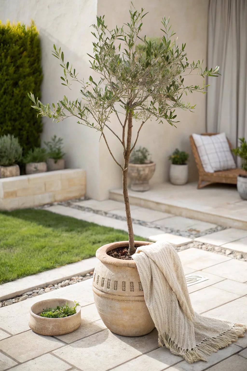 One statement potted tree adds instant structure, privacy, and calm layers to a tiny courtyard.
