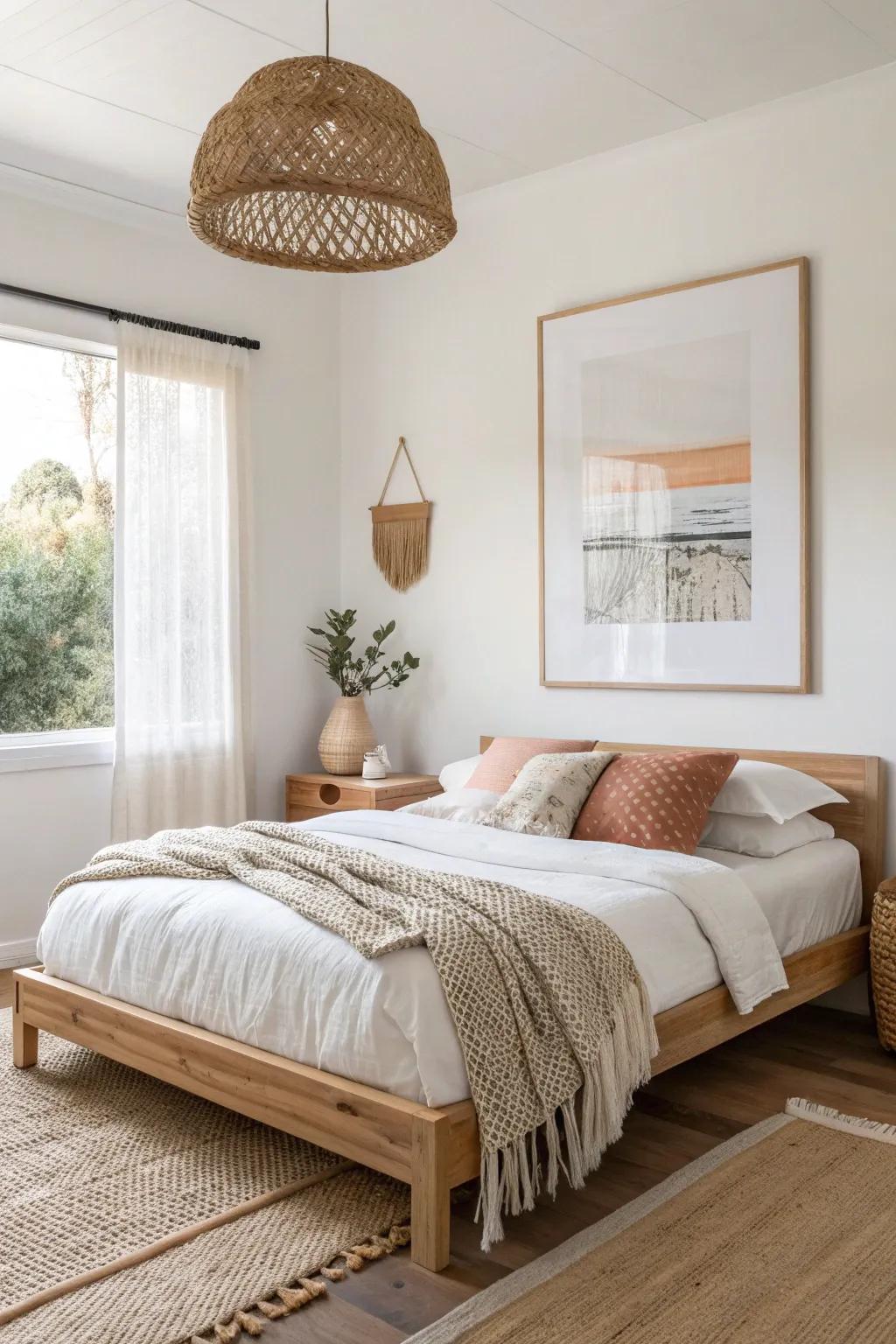 One oversized art piece instantly declutters a small bedroom and creates a calm focal point.