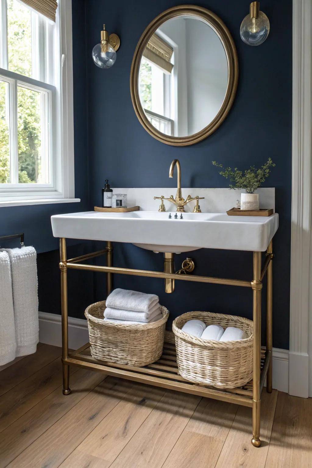 A slim console sink keeps navy walls feeling airy—add woven baskets for tidy, light storage.