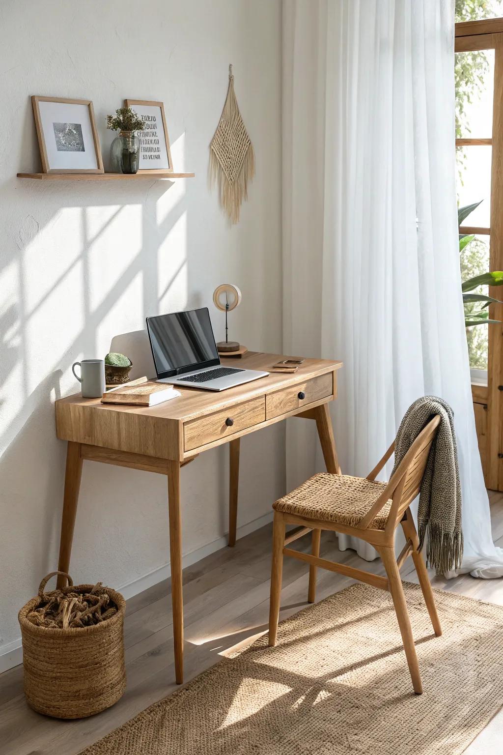 A slim wall desk creates a work-from-home nook without stealing a single inch of lounge space.