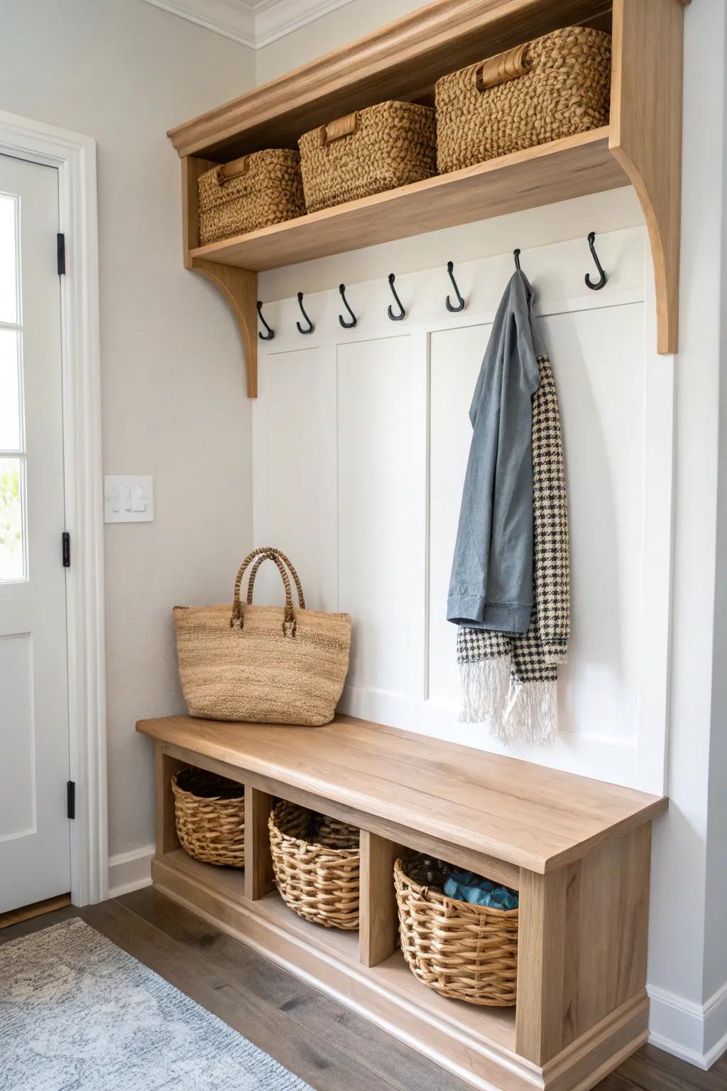 Door-off closet nook turned mini mudroom—one sleek organizer keeps tiny entryways calm.