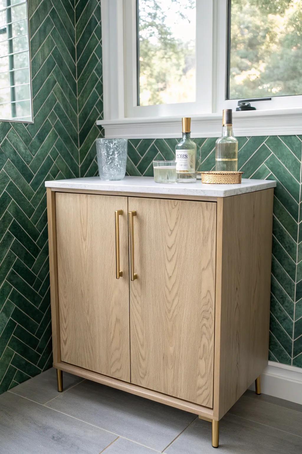 Tiny dry bar, big impact: a bold removable backsplash makes it look custom and luxe.