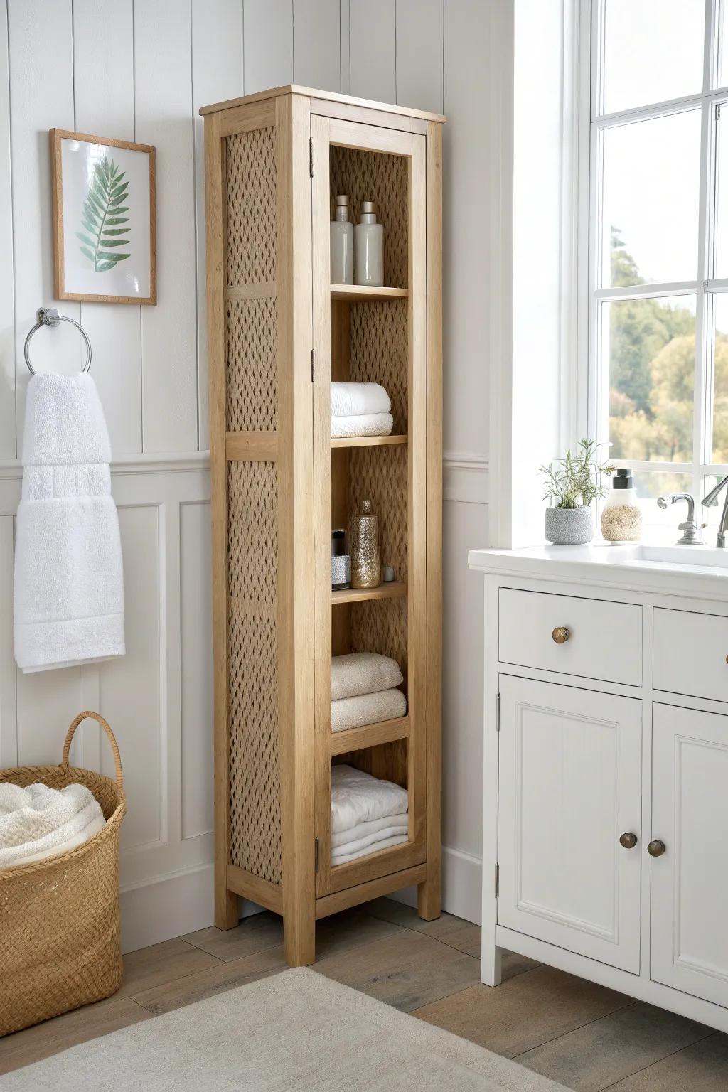 Go vertical: a tall slim cabinet keeps tiny en suite essentials organized without crowding.