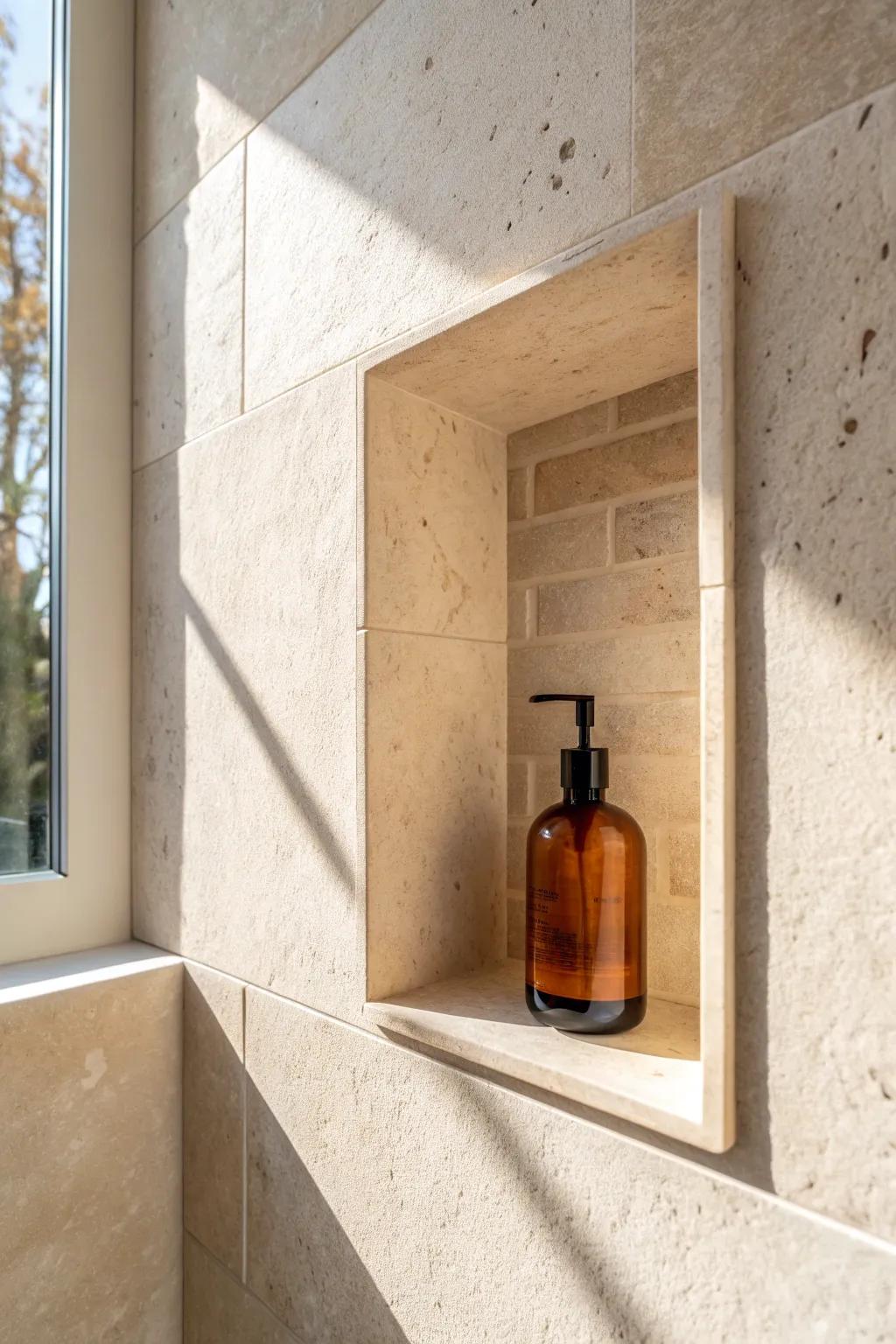 A recessed shower niche keeps essentials tidy—custom, clutter-free storage for small ensuites.