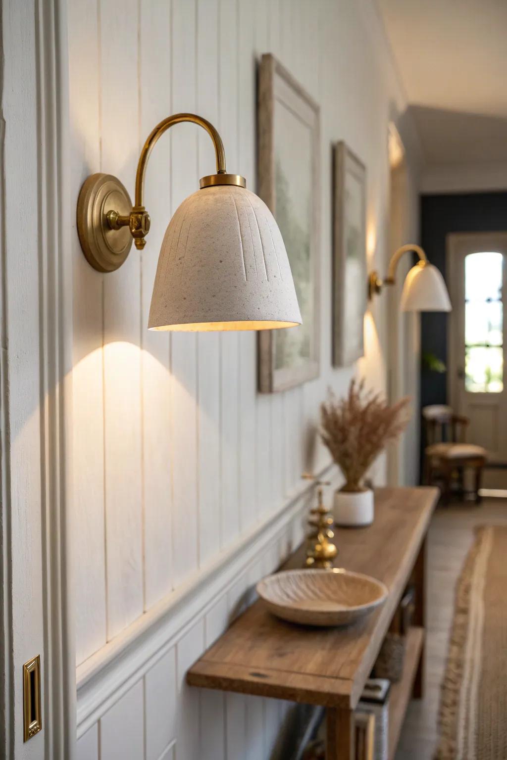 A warm wall sconce frees your console top—minimal, cozy lighting for the tiniest entry.