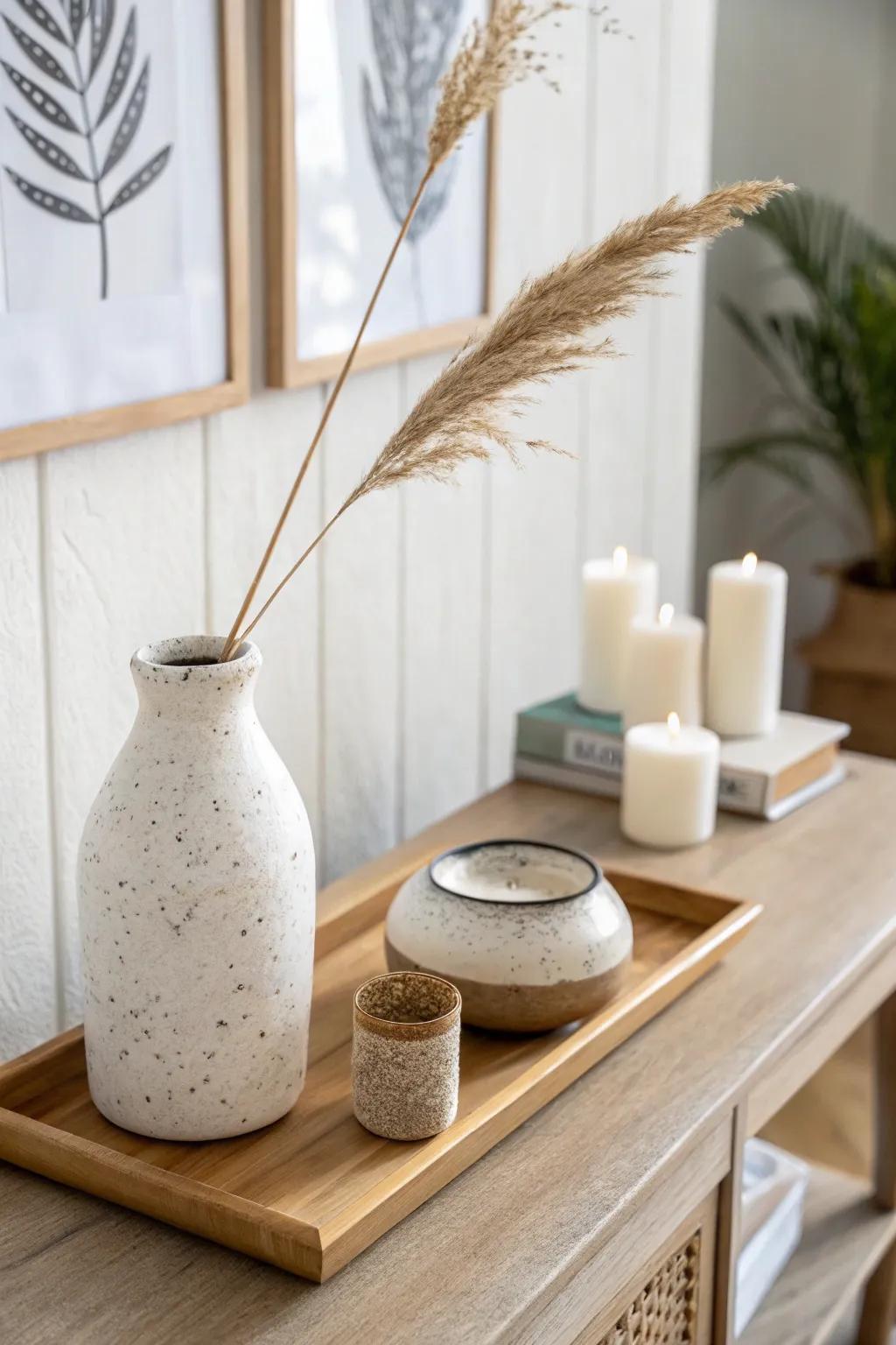 Repeat ceramic accents to make a tiny entry table vignette feel calm, cohesive, and chic.