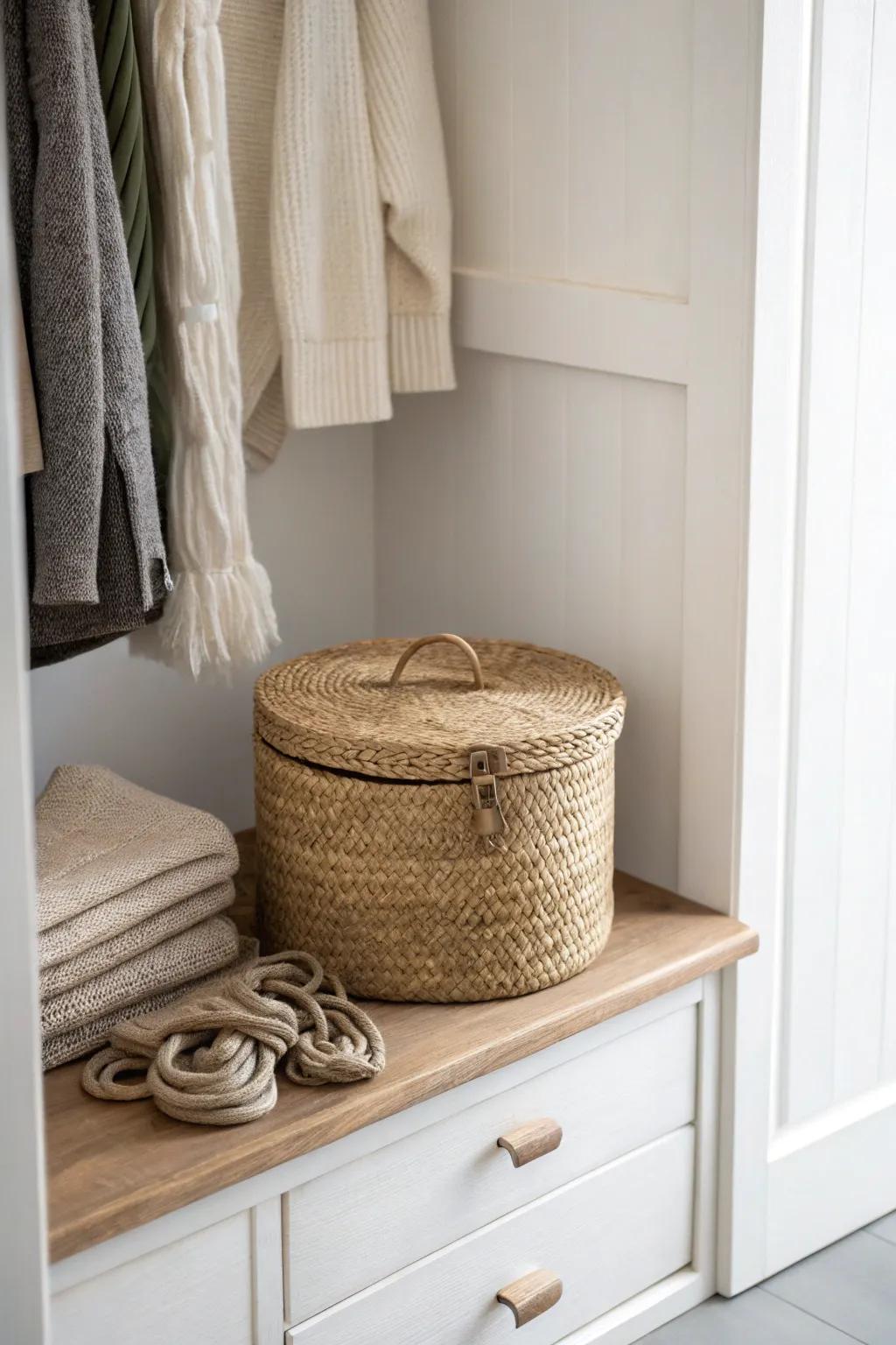 A woven grab-and-go bin keeps gloves and scarves tidy—and looks effortlessly chic.
