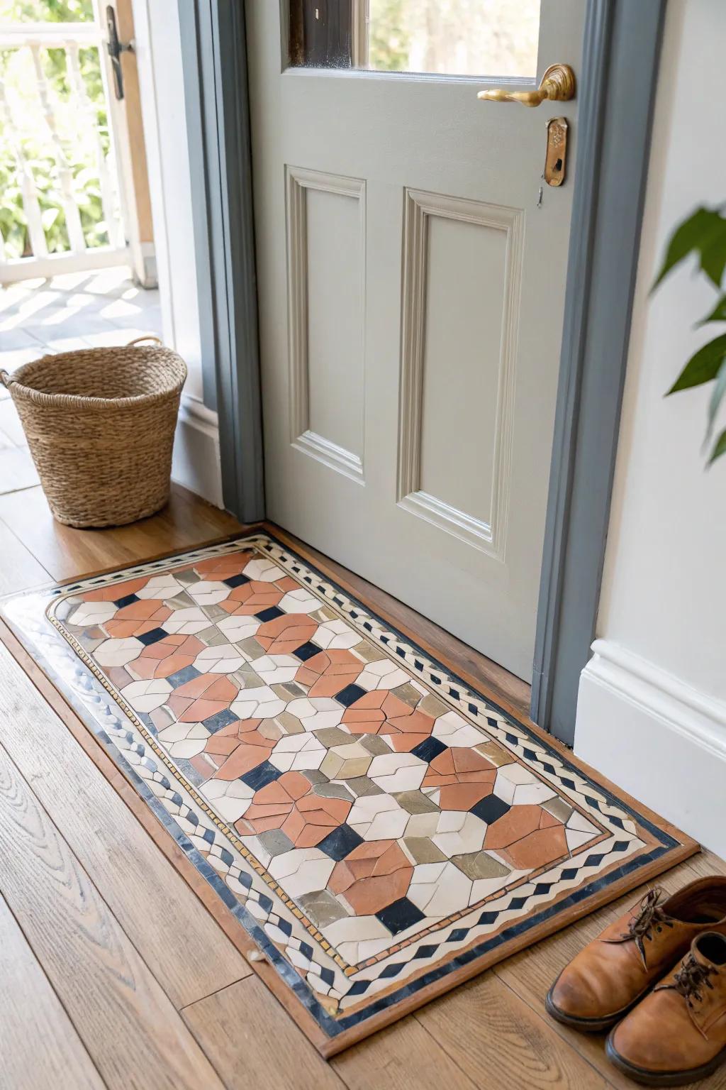 A patterned tile rug inset that instantly defines a tiny foyer—beautiful, durable, and bright.