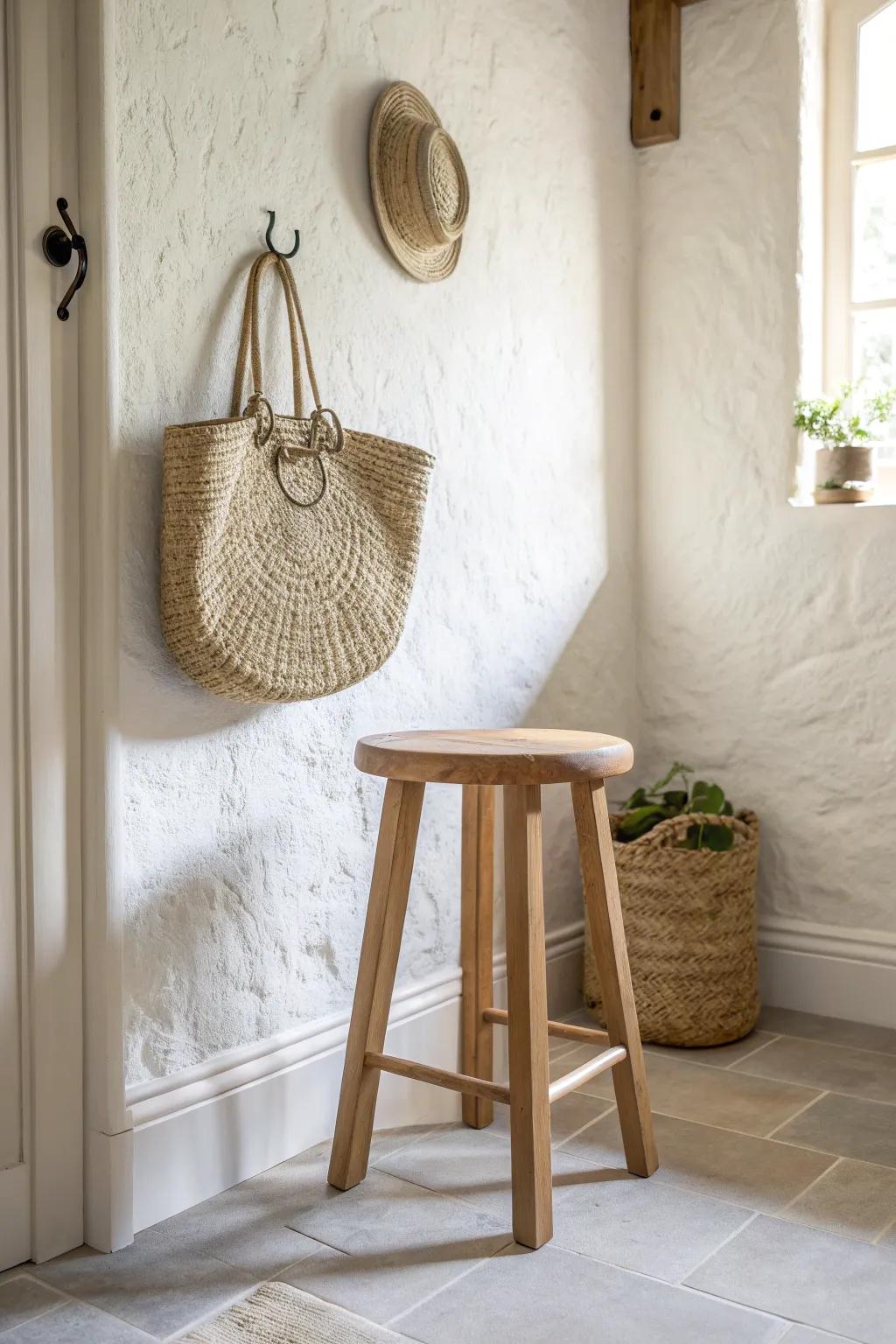 Turn an awkward corner into a chic drop zone with one stool + one hook.