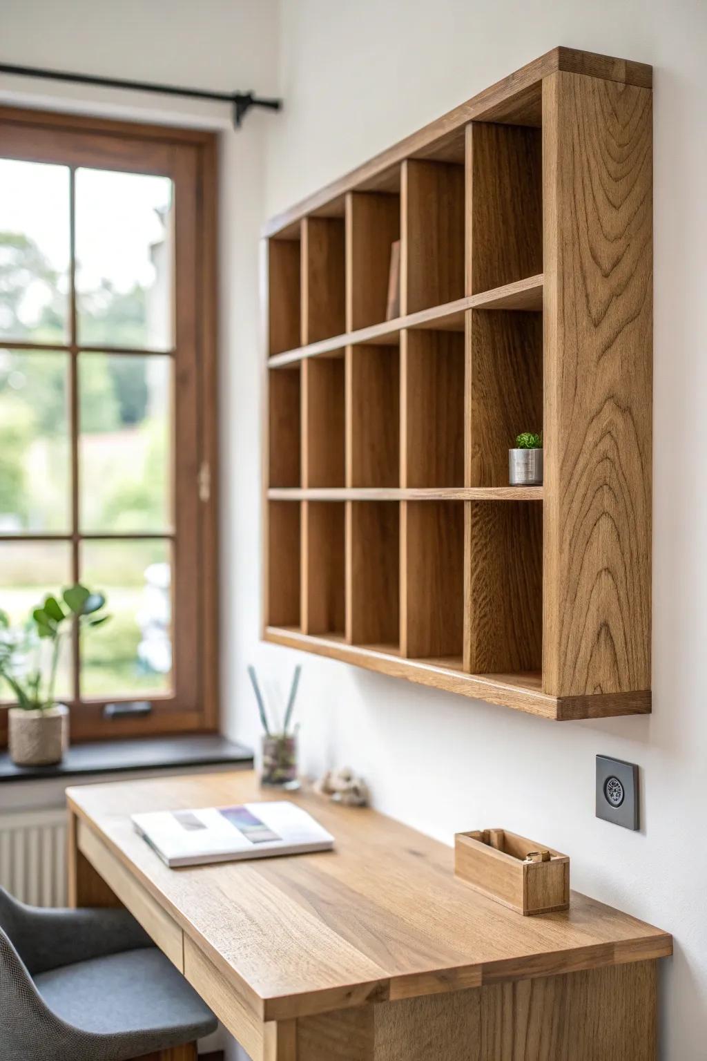 A symmetrical wall shelf behind your desk adds calm, executive polish—even in a tiny office.