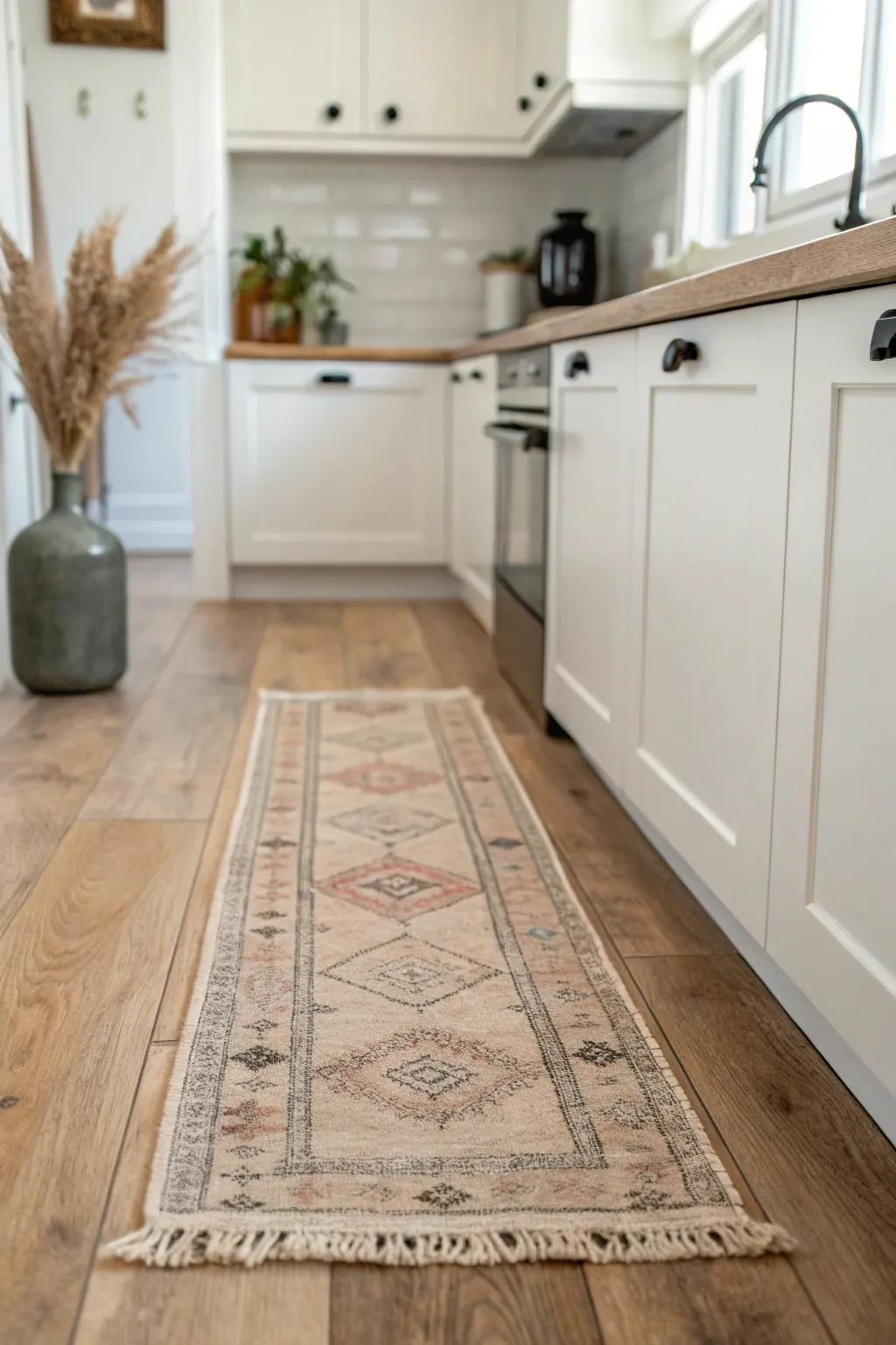 Budget farmhouse warmth: a vintage-style washable runner adds cozy texture to a narrow kitchen.