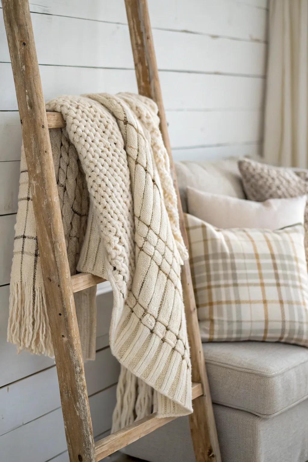 Plaid + chunky knit layers add farmhouse warmth—cozy texture without crowding a small room.