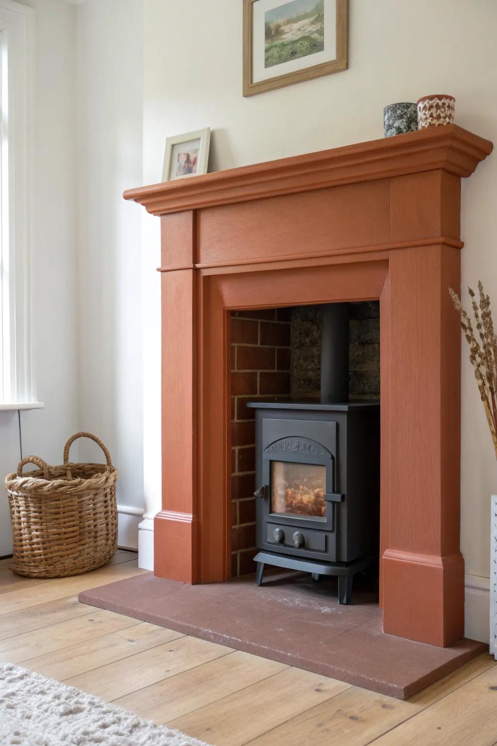 Bold-painted petite fireplace surround that turns a tiny rental into a chic focal point.