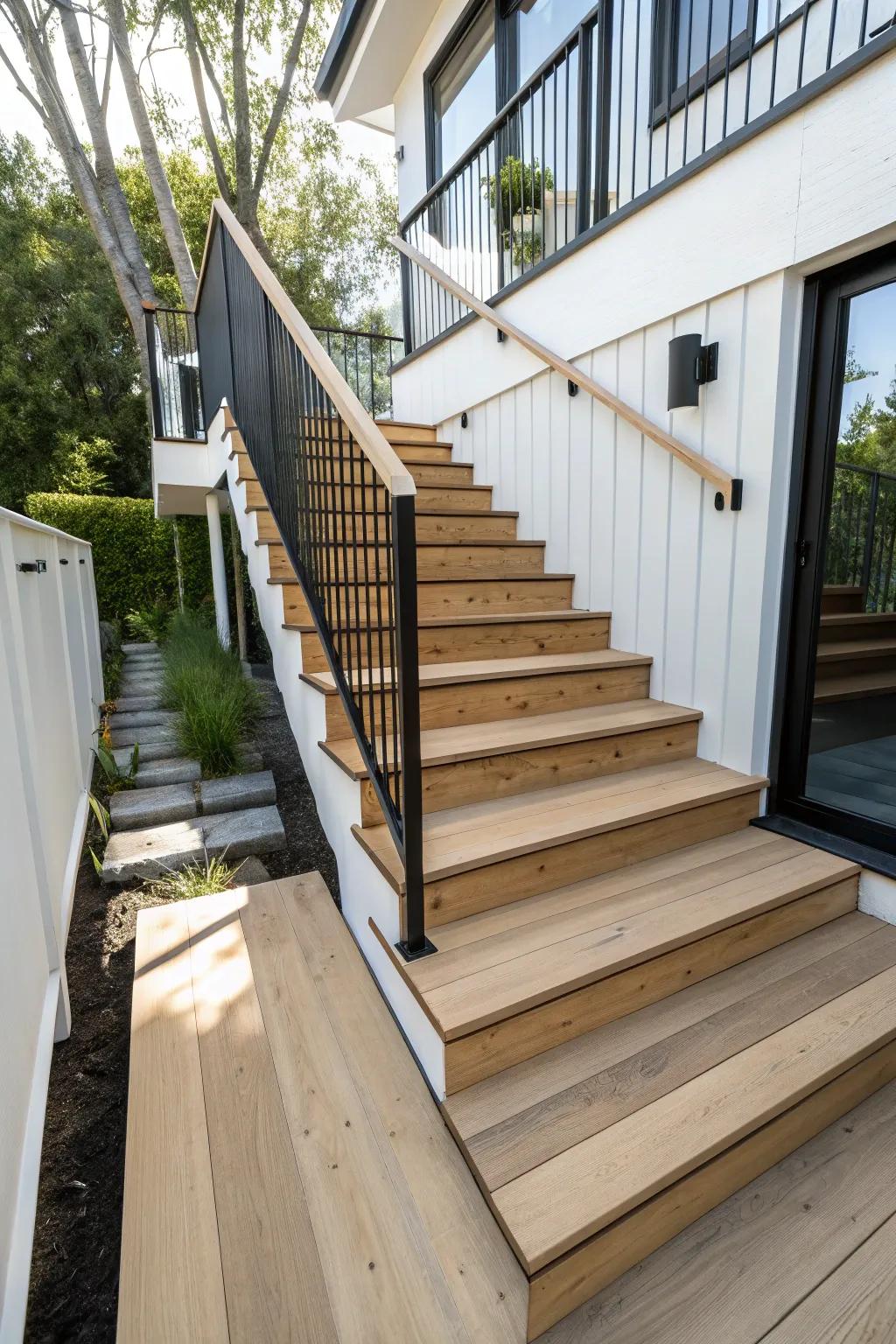Wraparound steps make a narrow front deck feel like a welcoming mini-plaza—wide and airy.