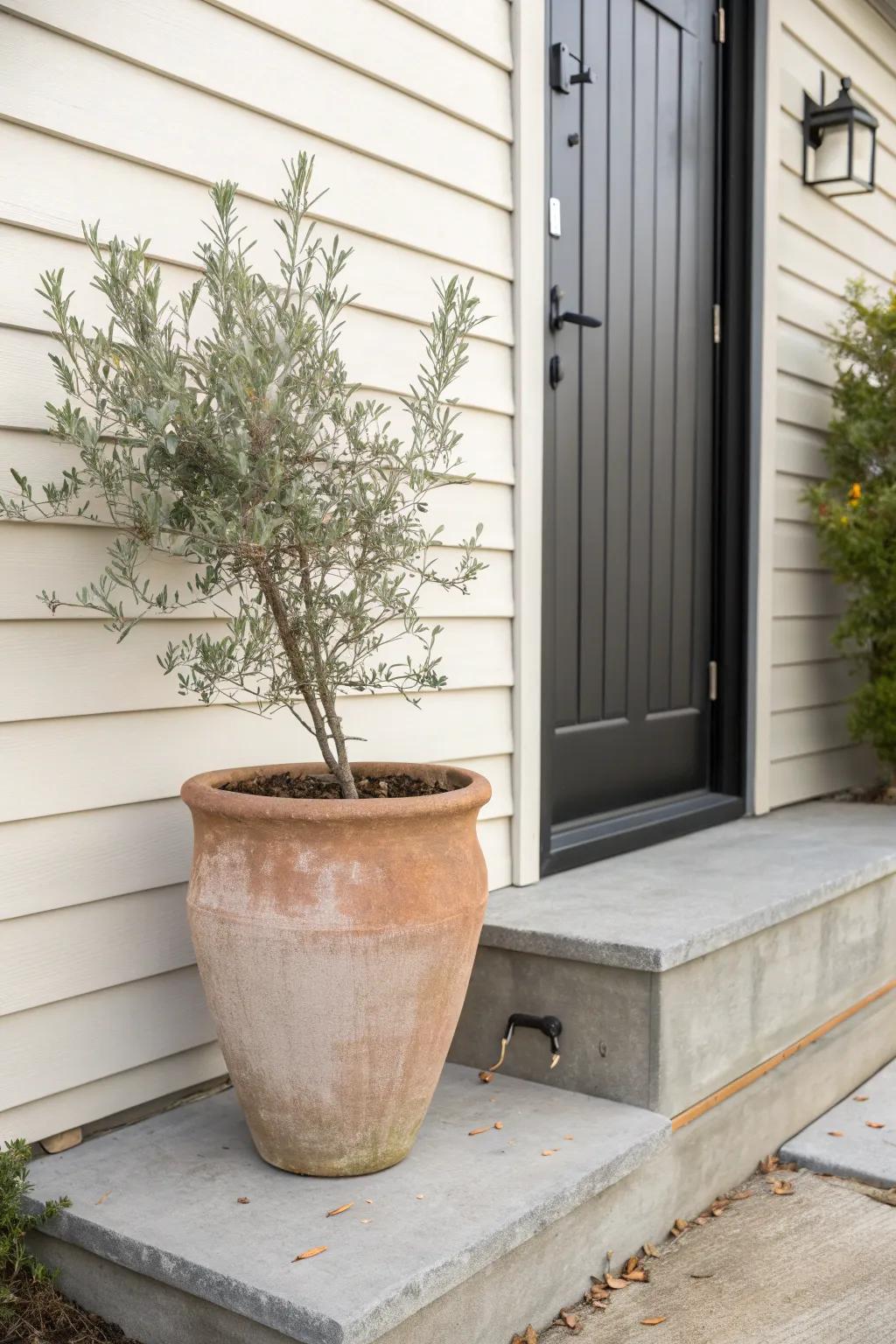 One oversized pot turns a tiny front stoop into a calm, sculptural statement.