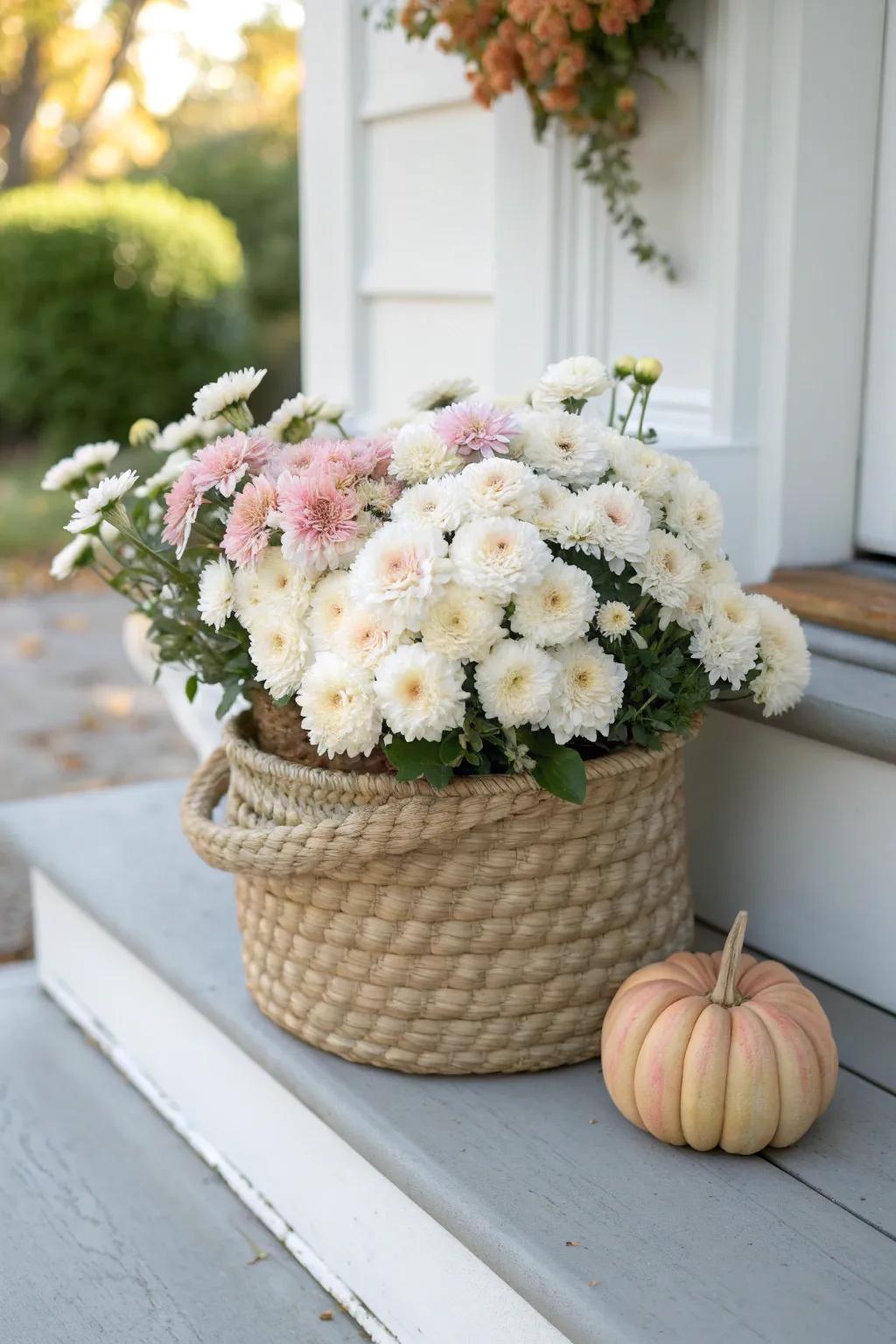 Seasonal mums in a woven basket with muted pumpkins—festive fall charm for tiny front steps.