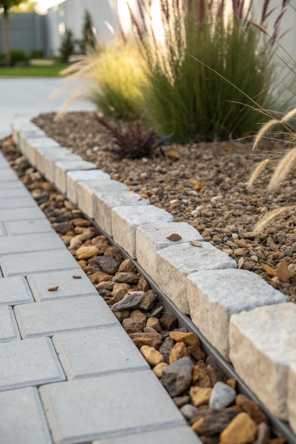 Crisp stone edging keeps gravel and mulch in place for a tidy townhouse front yard.